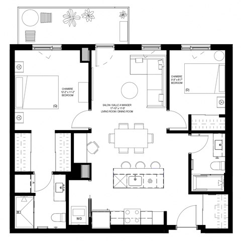Floor plan for 2 beds, 2 baths, 925 sqft